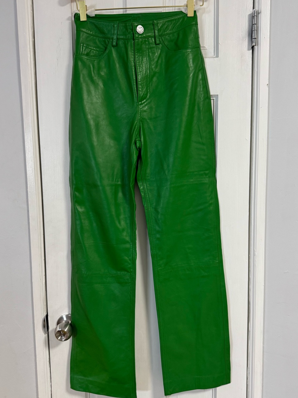 REMAIN Birger Christensen Green 100% Sheep Leather High Rise Straight Leg Pants
